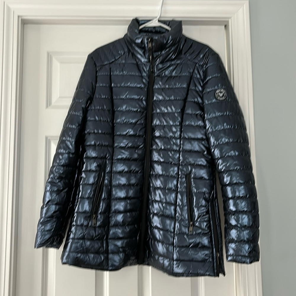Shiny blue gray winter jacket puffer